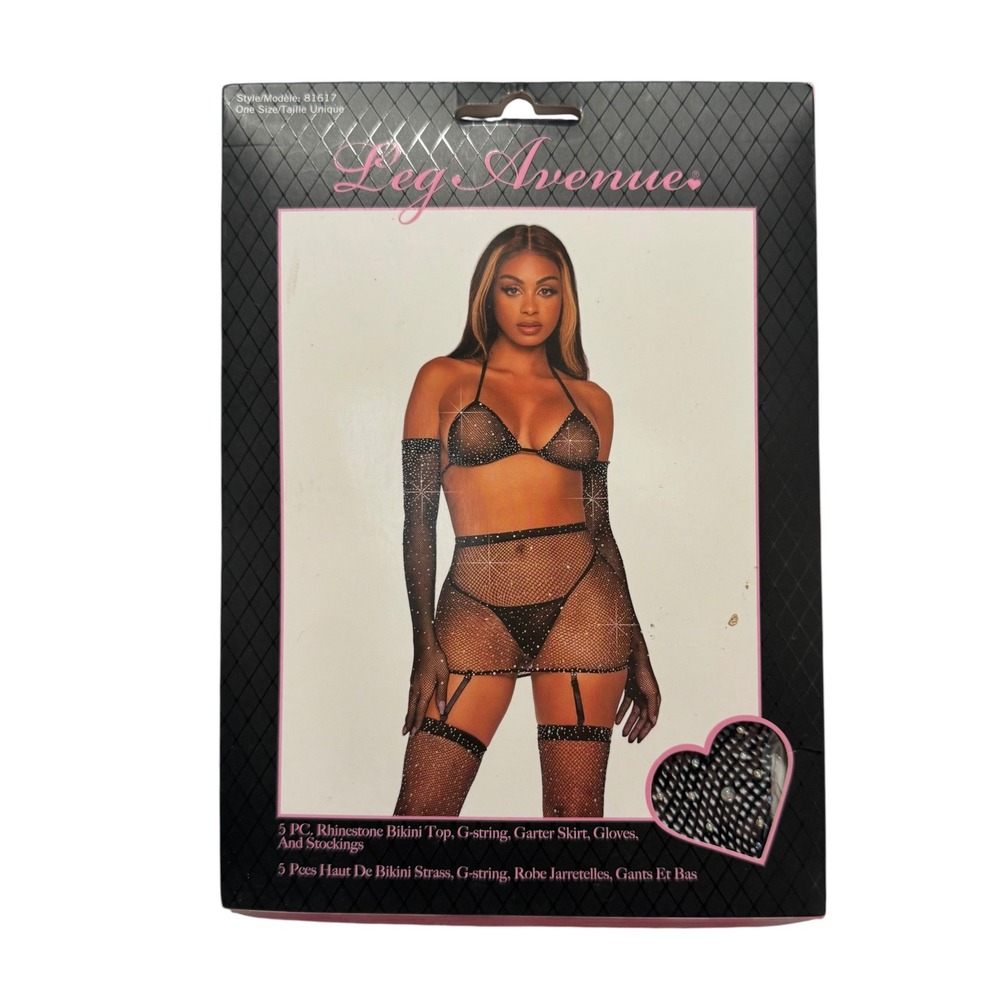 Leg Avenue 81617 5PC Rhinestone Bikini G-string Garter Skirt Gloves Stockings OS